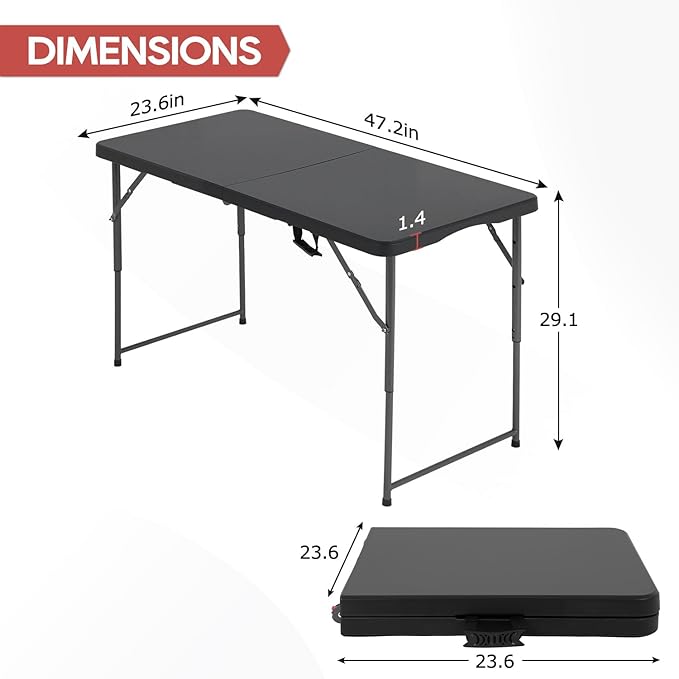 PayLessHere | 4FT Folding Table | Portable Plastic Table with Carry Handle | Waterproof & Foldable Table Design | Steel Frame with Lock | Black | for Events, Camping, Indoor & Outdoor Use