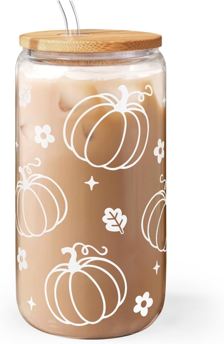 Pumpkin 16oz Can Glass Tumbler with Acrylic Lid & Straw, Iced Coffee Cup for Women Girls, Fall Aesthetic Cups Gifts