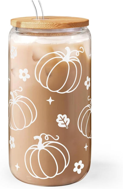 Pumpkin 16oz Can Glass Tumbler with Acrylic Lid & Straw, Iced Coffee Cup for Women Girls, Fall Aesthetic Cups Gifts