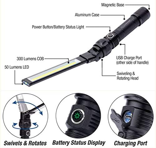 NextLED NT-7543 Foldable Rechargeable LED Work Light, COB LED Slim Work Light with Magnetic Base. Ultra Bright Flashlight, Cast Aluminum, Mechanics, Car Repair, Outdoor, Camping, Emergency, Garage