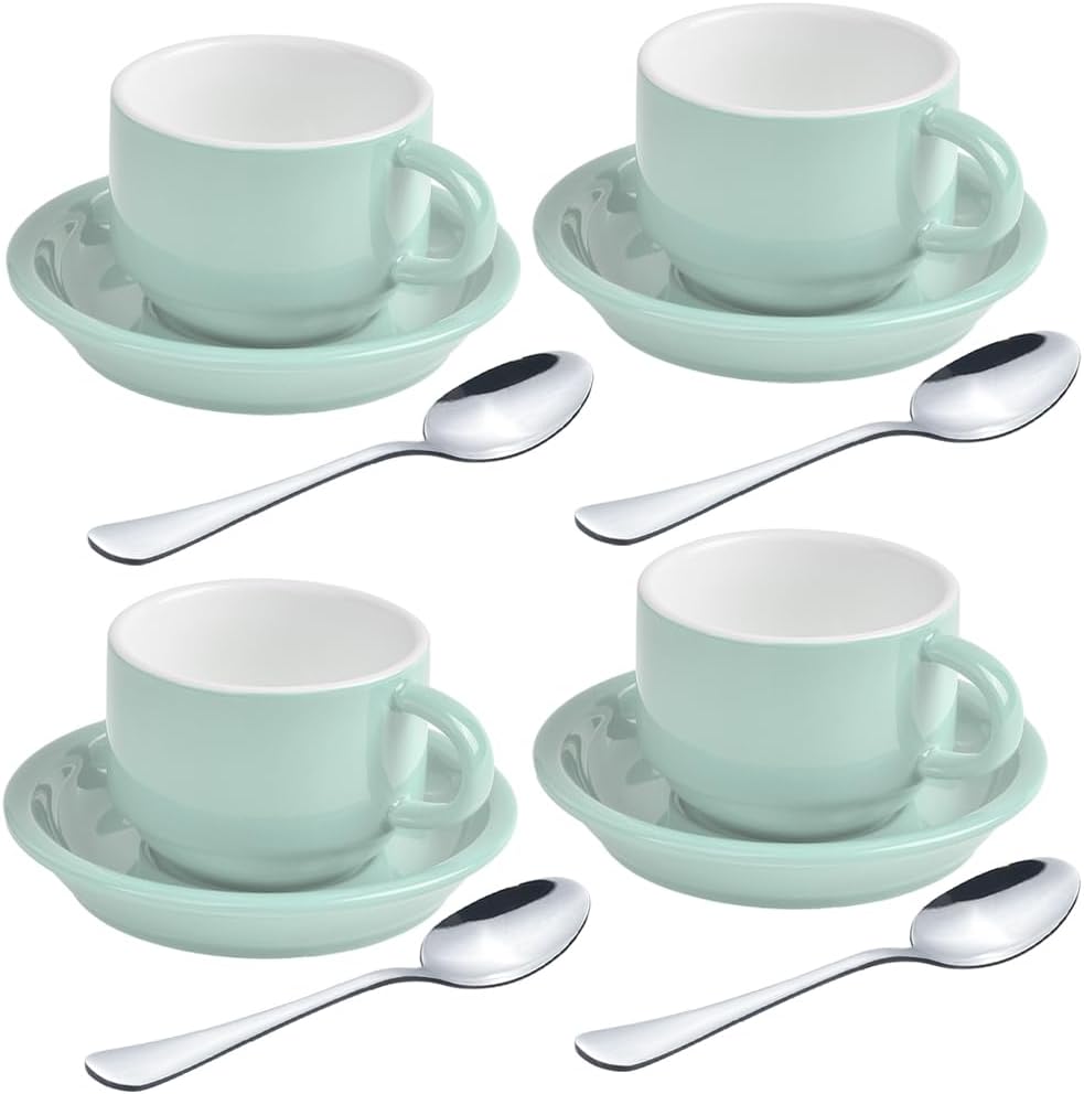 homEdge Premium Espresso Shot Cups and Saucers Set with Espresso Stainless Steel Spoons - 2.5 oz, Set of 4, Mint Green