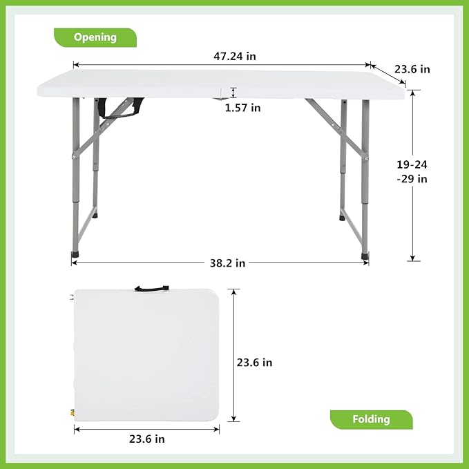 PayLessHere Folding Camping Table Plastic Picnic Table Office Table for Parties Wedding Camping Office with Carrying Handle (White, 4 FT)