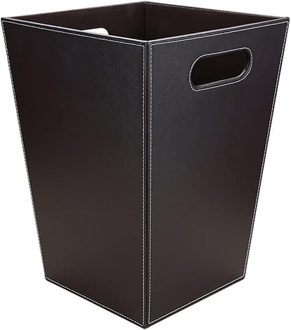 KINGFOM Classic Pu Leather Trash Can Wastebasket, Garbage Container Bin with Handles for Bathrooms, Powder Rooms, Kitchens, Home, Office and and High Class Hotel Square Brown