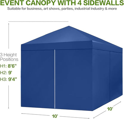 Tunbne 10X10 Comercial Pop Up Canopy Tent with 4 Sidewalls and 6 Pockets, One Push Setup Center Lock, for Beach Patio Outdoor, Case, 8 Stakes, 4 Ropes, 4 Sandbags (Sapphire Blue)