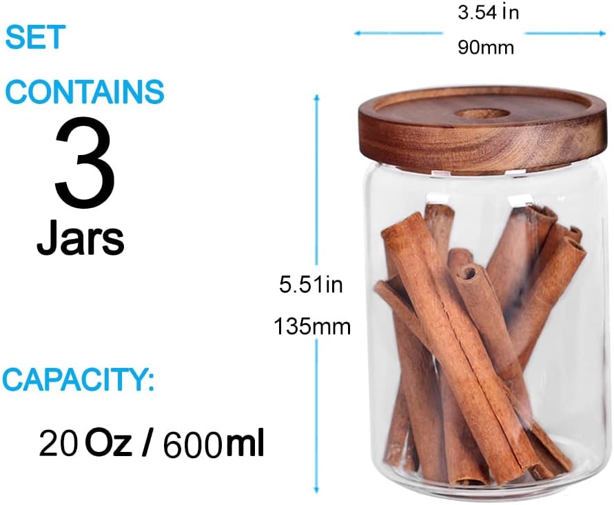 Saiool Glass Jars, Food Storage Containers with Airtight Acacia Lids, 20FL OZ(600ml) Glass Canisters Set-3, Clear Containers Suit for Storing Tea