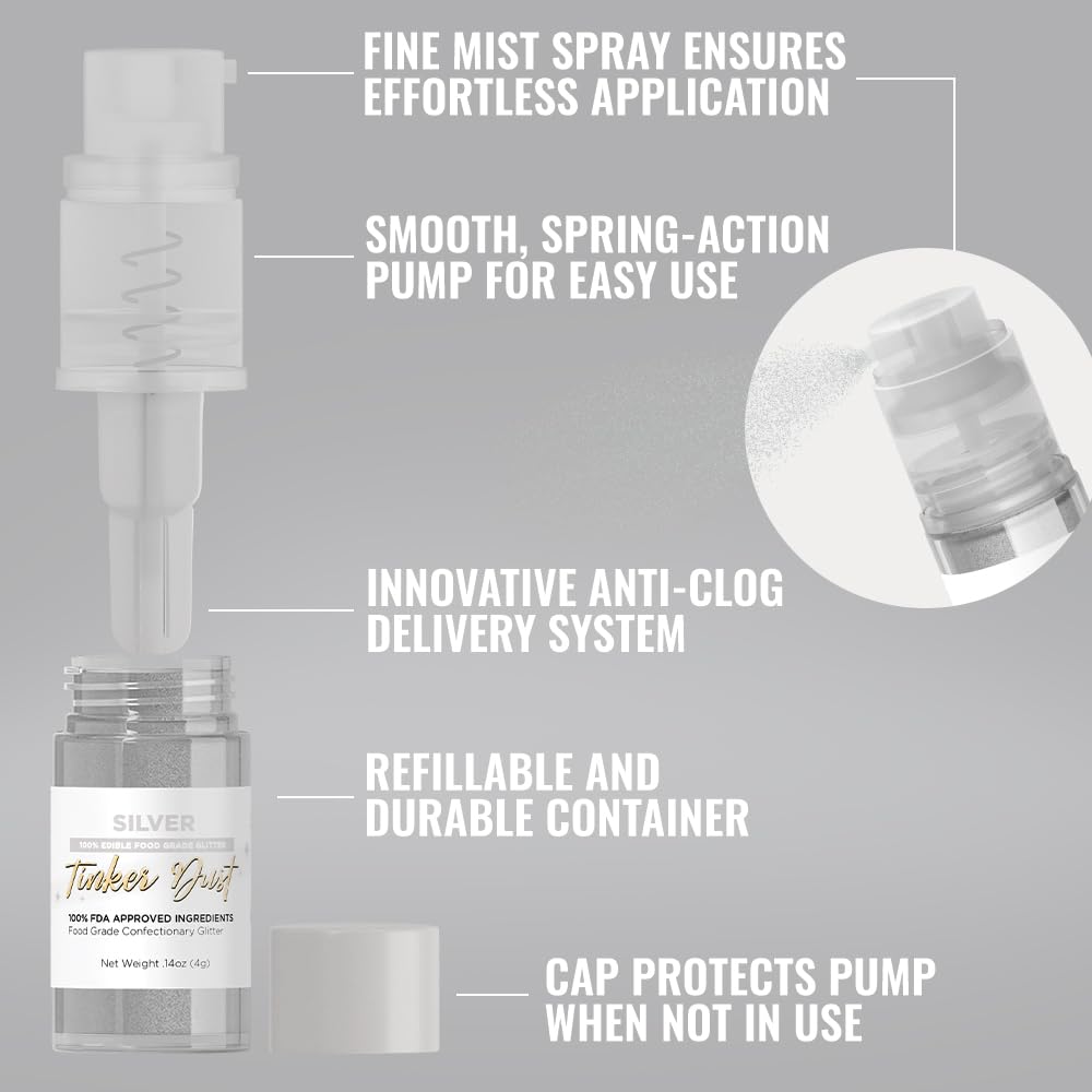 Bakell - Silver Tinker Dust (4g, 1x Mini Spray Pump) Edible Glitter for Food, Desserts, and Beverages!