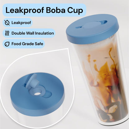 Dodoko Reusable Boba/Bubble Tea Cup - 17 oz with Lid & Straw; Cold Coffee/Smoothie Cup to Go - Breeze Blue