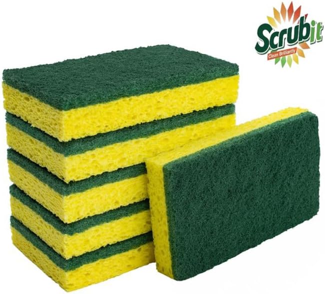 SCRUBIT Heavy Duty Scrub Sponges - Dishwashing Sponge Along with A Tough Scouring Pad - Ideal for Cleaning Kitchen, Dishes, Bathroom - Yellow - 24 Dish sponges