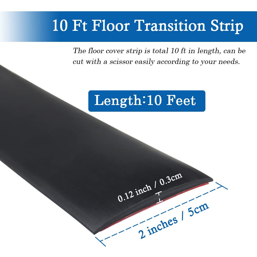 Floor Transition Strip Self Adhesive Floor Cover Strips Laminate 2" Wide Vinyl Flat Divider Transitions (5cm, 10Ft, Black)