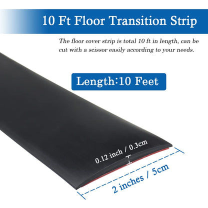 Floor Transition Strip Self Adhesive Floor Cover Strips Laminate 2" Wide Vinyl Flat Divider Transitions (5cm, 10Ft, Black)