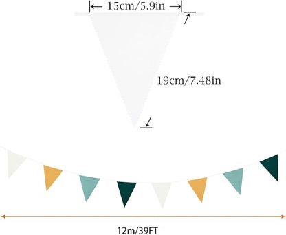 Zwiebeco 39Ft Dark Green Gold White Fabric Bunting Banner Triangle Flags Cotton Garland Pennant for Forest Wild One Safari Birthday Wedding Baby Shower Outdoor Garden Decorations