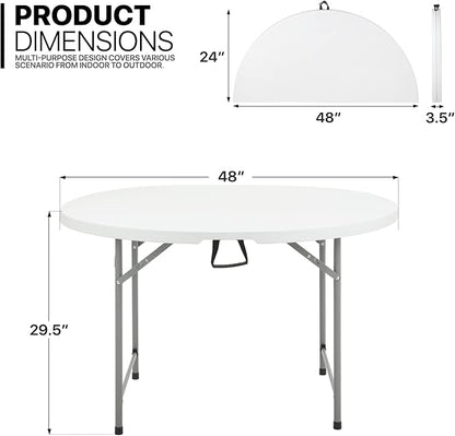 MoNiBloom 4Ft Round Folding Table, Indoor Outdoor Plastic Dining Card Table with Handle and Lock for Picnic Party Banquet Wedding, White