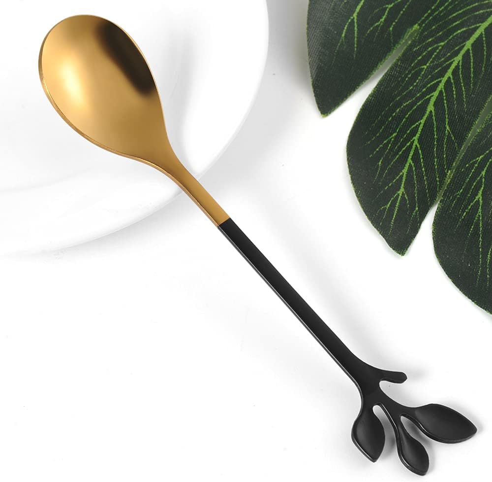 AnSaw Elegant Black & Gold Leaf Espresso Spoons - 10-Piece, 4.7" Mini Stainless Steel Coffee & Dessert Tea Spoons