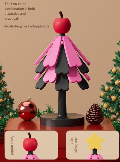 Christmas Tree Silicone Hot Pad, 4-Pack Heat Resistant Trivet for Pots and Pans, Holiday Kitchen Potholder, Coaster, Christmas Table Decor (Four Layers of red and Black Color Scheme + Apples)