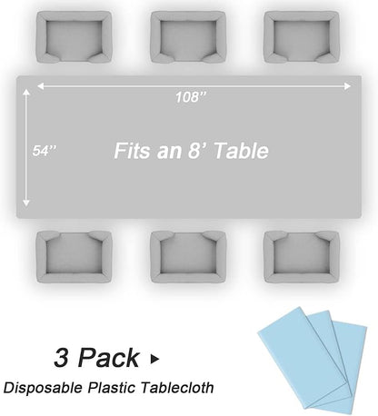 QIKSION Light Blue Plastic Table Cloth Disposable 3 Pack, 54 x 108 Inch Tablecloths for Baby Shower Birthday Party, Easter Decorations, Rectangle Table Cover