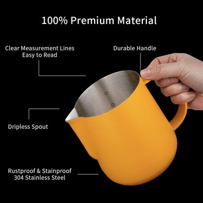 watchget Milk Frothing Pitcher 500ml/17oz Espresso Steaming Pitcher with Matte Yellow Coating Stainless Steel Milk Steamer Jug Milk Frothing Cup