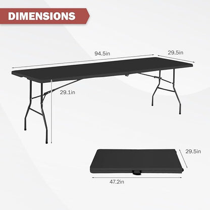 PayLessHere | 8FT Folding Table | Portable Plastic Table with Carry Handle | Waterproof & Foldable Table Design | Steel Frame with Lock | Black | for Events, Camping, Indoor & Outdoor Use