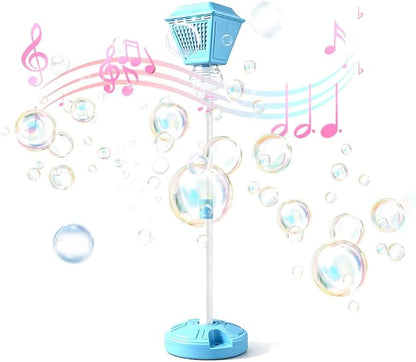 Standing Bubble Machine, Rechargeable Automatic Bubble Maker with Light Music, 3-Level Adjustable Heights, Detachable Bubble Wand for Outdoor Party Wedding and Event Decor (Blue)