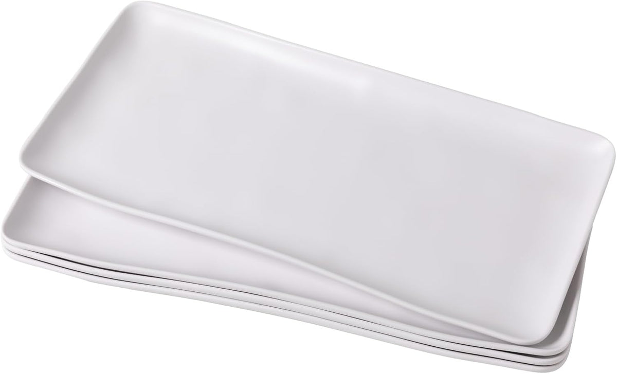 White Melamine Rectangular Serving Platter/Trays, Set of 4, 14” X 7” Fruit Cake Bread Sushi Plate for Party Serving Food, Lightweight and Unbreakable