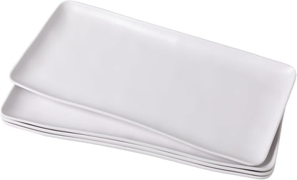 White Melamine Rectangular Serving Platter/Trays, Set of 4, 14” X 7” Fruit Cake Bread Sushi Plate for Party Serving Food, Lightweight and Unbreakable