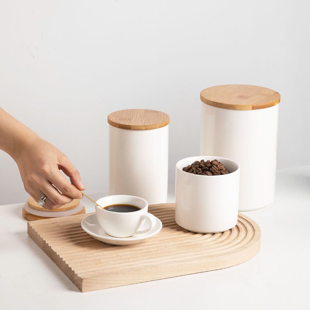 Sweejar Ceramic canisters for kitchen counter,Stackable Food Containers Set with Airtight Seal Bamboo Lid for Serving Ground Coffee, Tea, Spice
