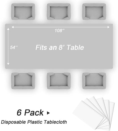 QIKSION White Plastic Table Cloth Disposable 6 Pack, 54 x 108 Inch Tablecloths for Party, Picnic, Birthday, Rectangle Table Cover