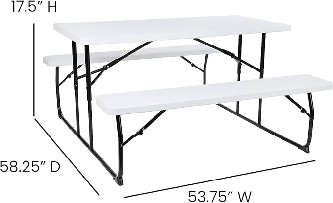 Flash Furniture Insta-Fold Picnic Table - White Wood Grain Folding Picnic Table Bench Set for Adults - 4.5 Foot Folding Table