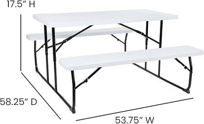 Flash Furniture Insta-Fold Picnic Table - White Wood Grain Folding Picnic Table Bench Set for Adults - 4.5 Foot Folding Table