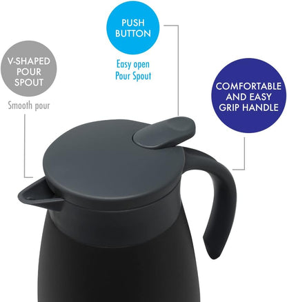 Mira Stainless Steel Thermal Coffee Carafe, Double Wall Insulated Vacuum Flask, Tea, Water, and Coffee Dispenser, 1.5 Liter / 50oz, Black