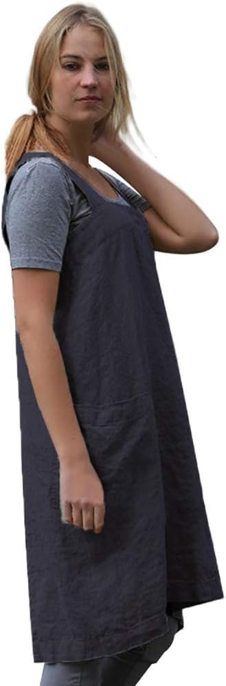 Women's Pinafore Square Apron Baking Cooking Gardening Works Cross Back Cotton/Linen Blend Dress with 2 Pockets