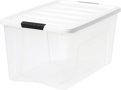 IRIS USA 72 Qt Stackable Plastic Storage Bins with Lids, 8 Pack - BPA-Free, Made in USA - See-Through Organizing Solution, Latches, Durable Nestable Containers, Secure Pull Handle - Clear/White