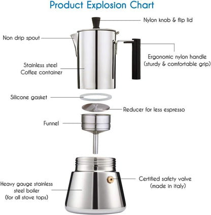 Easyworkz Pedro Stovetop Espresso Maker 6Cup 300ml Stainless Steel Italian Coffee Machine Maker Moka Pot Induction Espresso Pot