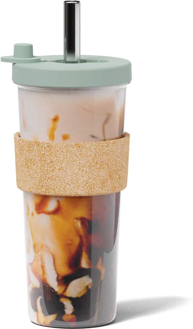 Dodoko Sage Green 24 oz Reusable Boba Cup and Straw Bubble Tea Cup with Wide Lid and Straw