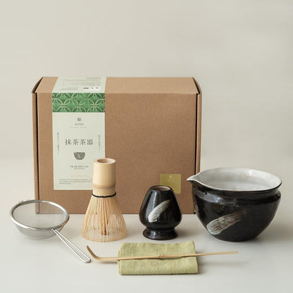 6-pcs Japanese Matcha Whisk Set with Handmade Wabi-Sabi Ceramic Bowl(Chawan),Bamboo Chasen, Whisk Holder, Scoop, Sifter & Tea Towel,Matcha Ceremony Kit,(Ink Cloud)