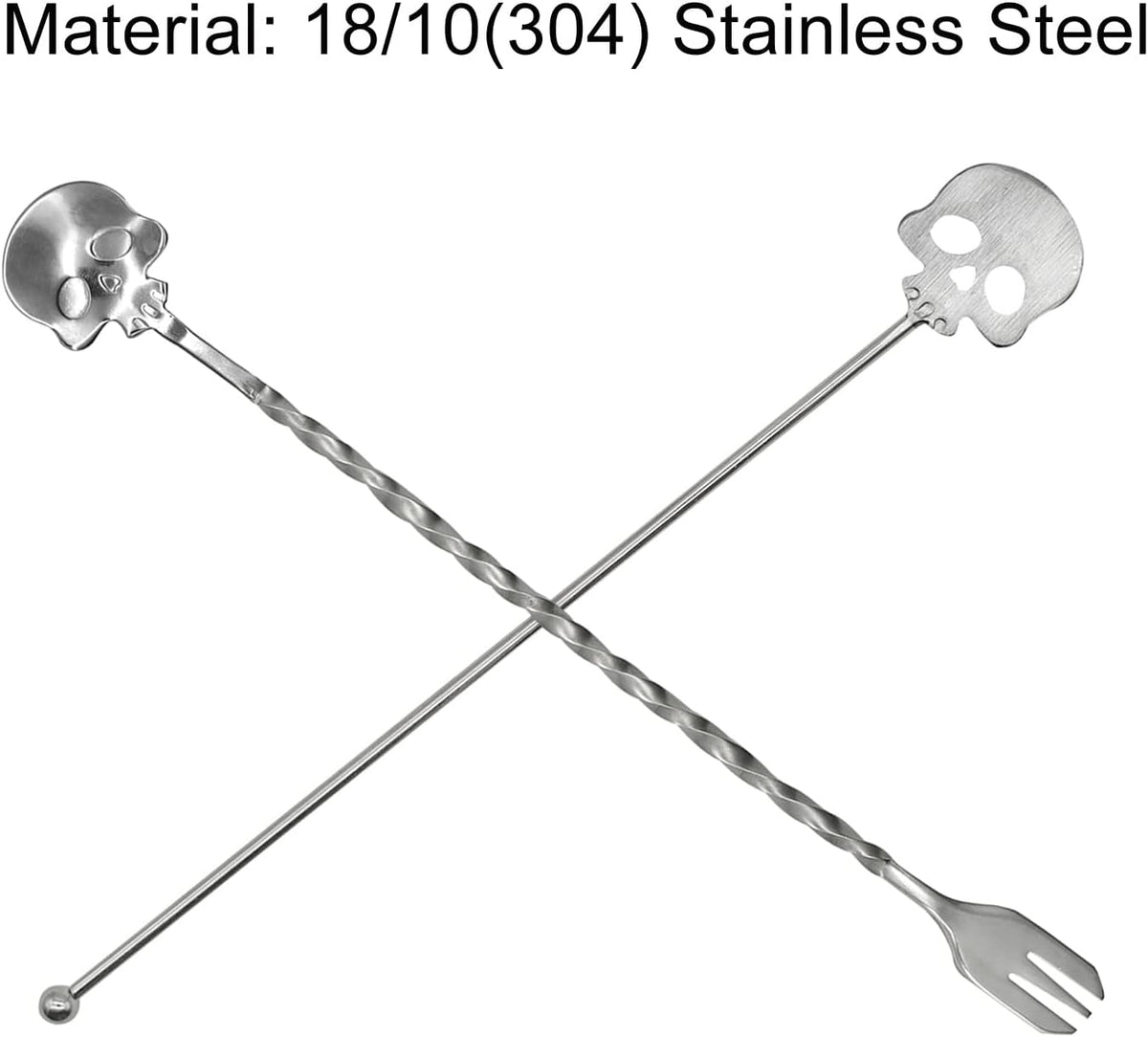 4Pcs Skull Swizzle Stick Bar Spoon Set Reusable Mixing Spoon 18/10(304) Stainless Steel Coffee Stirrer for Bar Home Halloween Party Stirring Cocktail