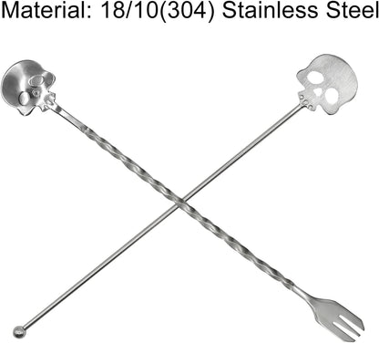 4Pcs Skull Swizzle Stick Bar Spoon Set Reusable Mixing Spoon 18/10(304) Stainless Steel Coffee Stirrer for Bar Home Halloween Party Stirring Cocktail