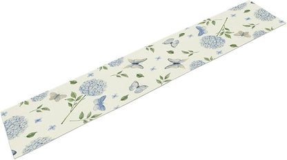Spring Hydrangea Table Runner, Summer Moth Watercolor Sky Blue Butterfly Flowers Rustic Farmhouse Garden Print Table Cover for Kitchen Dining Room Table Home Party Decor,13x70inch