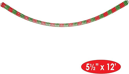 Beistle Red & Green Tissue Paper Hanging Garland Christmas Party Decorations, 5.5" x 12', Red/Green
