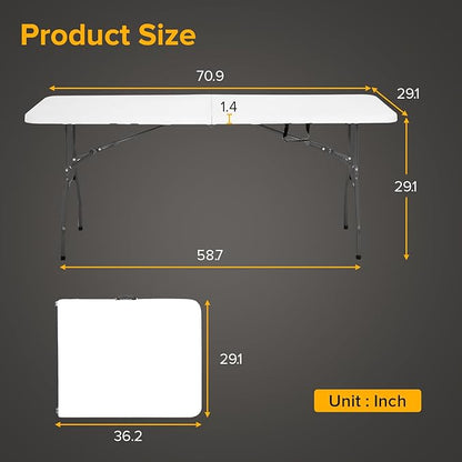 Dopinmin Folding Table 6FT Portable Heavy Duty Plastic Camping Table Foldable Tables Plastic Dining Tables Indoor Outdoor for Camping, Picnic and Party, White