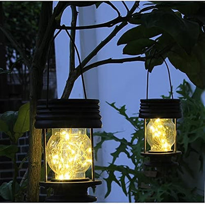 pearlstar Solar Lanterns Outdoor Hanging Solar Lights, 2PK Table Lamps with Retro Design, Garden Lantern Vintage Design for Landscape Yard Table Pathway Beach Decoration