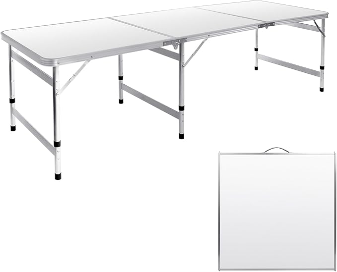 Moosinily Camping Table 6FT Folding Table Large 3 Adjustable Height Portable Picnic Table Camp Aluminum Outdoor Picnic BBQ White