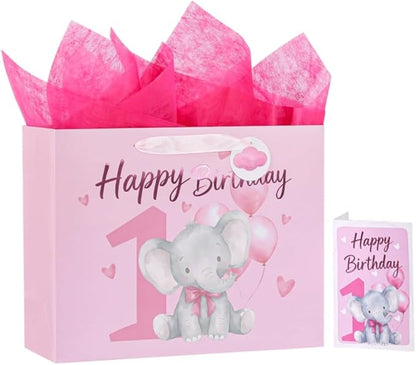Powbrace 13" Pink Happy Birthday Gift Bag with Tissue Paper and Greeting Card for Party,Happy Birthday Gift Bag for Girls Babies,Gift Bags Medium size(1 PCS Pink Cartoon)