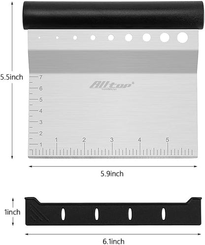 Alltop Bench Scraper & Chopper with Herb Stripper,Stainless Steel Multipurpose Kitchen Baking Tool for Bread Dough Pastry Cake -Leaf Remover with