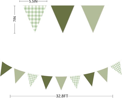 32Ft Sage Green Party Decorations Sage Gingham Banner Olive Green Buffalo Plaid Checkered Triangle Flag Pennant Fabric Garland Streamers for Birthday Baby Shower Wedding Picnic Golf Party Decorations