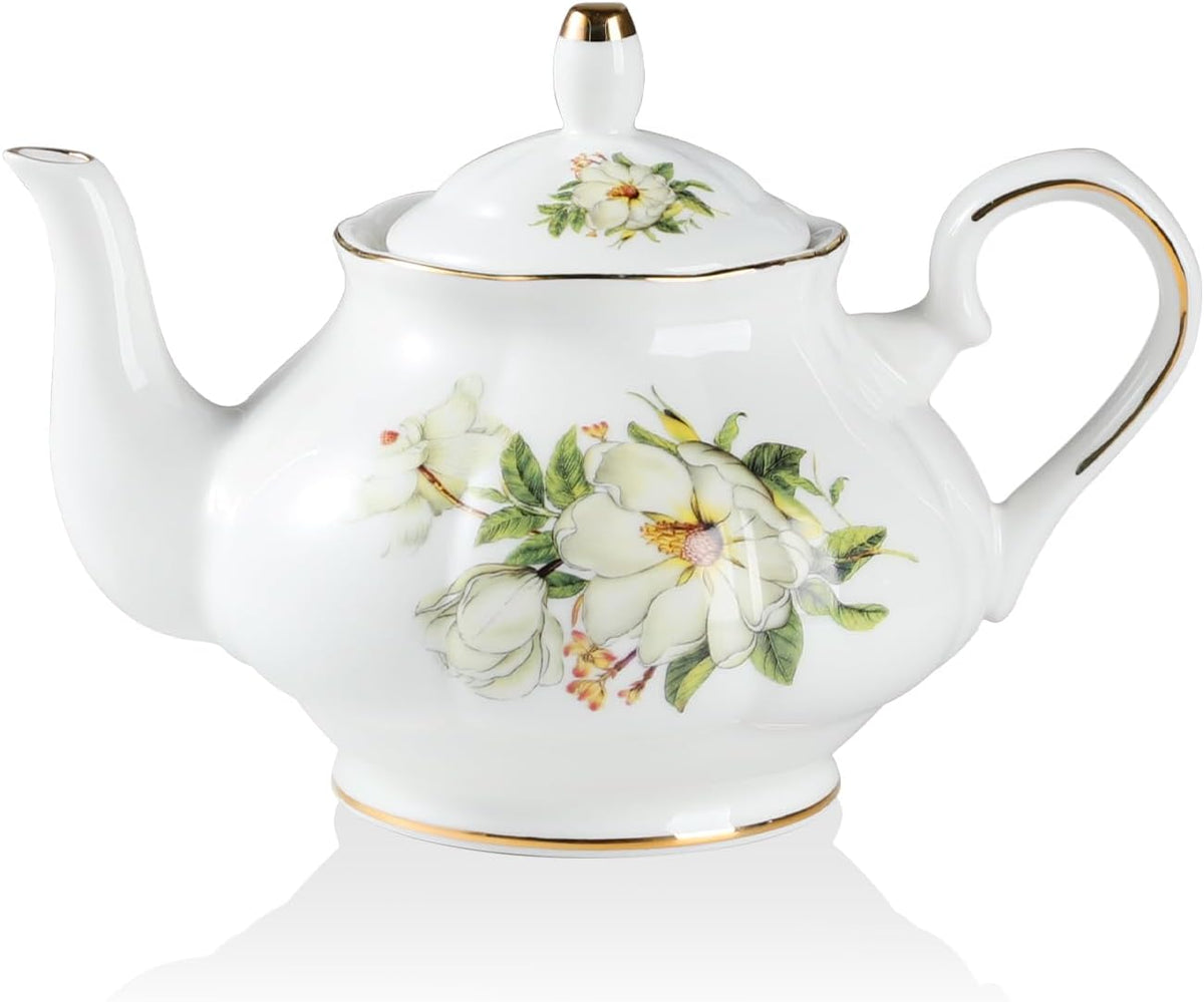 Sweejar Ceramic Teapot with Infuser, Floral Relief Gold Rimmed Teapot, 29 OZ Porcelain Tea Pot for Blooming and Loose Tea, Coffee...(Camellia)
