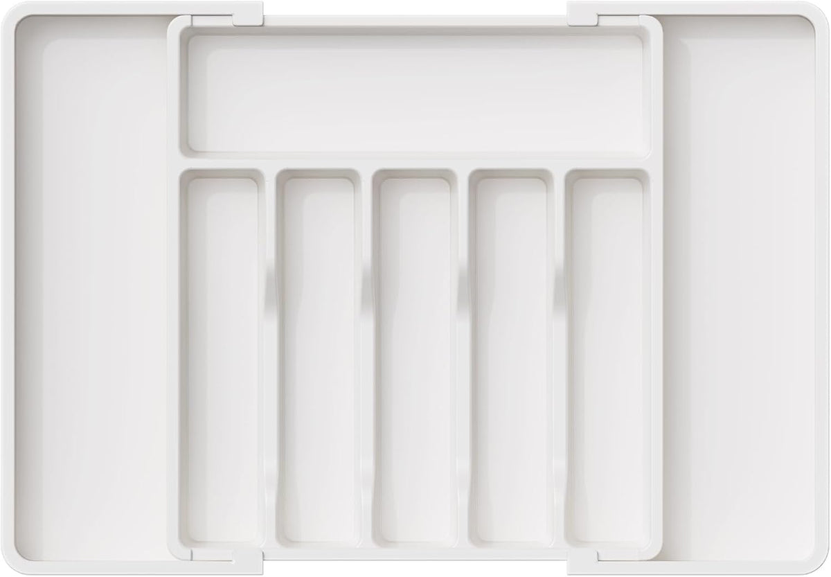 Lifewit Silverware Drawer Organizer, Expandable Utensil Tray for Kitchen, BPA Free Flatware and Cutlery Holder, Adjustable Plastic Storage for Spoons Forks Knives, Large, White