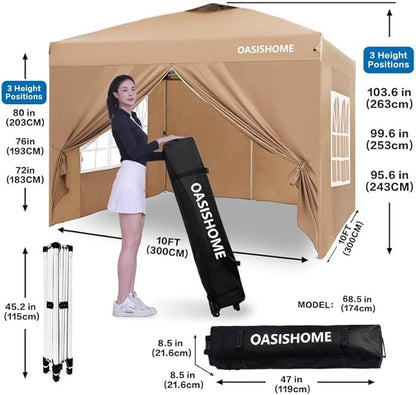 OASISHOME Pop-up Gazebo Instant Portable Canopy Tent 10'x10', with 4 Sidewalls, Windows, Wheeled Bag, for Patio/Outdoor/Wedding Parties and Events (10FTx10FT, Khaki)