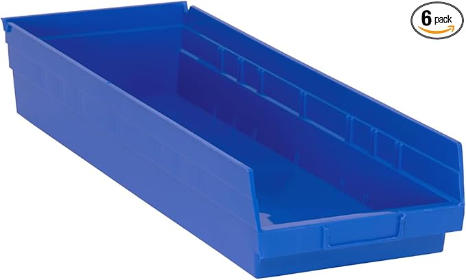 Quantum Storage QSB114 Heavy-Duty Nesting Plastic Shelf Bins for Pharmacy, Hospital & Warehouse, Hanging Lip & 7 Divider Slots, 23-5/8" x 8-3/8" x 4", Blue, 6-Pack