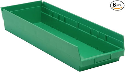 Quantum Storage QSB114 Heavy-Duty Nesting Plastic Shelf Bins for Pharmacy, Hospital & Warehouse, Hanging Lip & 7 Divider Slots, 23-5/8" x 8-3/8" x 4", Green, 6-Pack