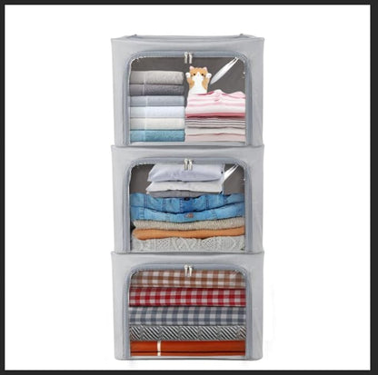Stackable Clothes Storage Box for Clothing Gadgets,Steel Frame Storage Bins for Toys Gift,Foldable Oxford Fabric Closet Organizer Bag Set with Carry Handles Clear Window (Large- 66L x3 Pack, Grey)